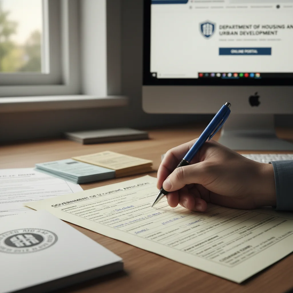 Persona rellenando un formulario de solicitud para ayudas de rehabilitación de vivienda, con documentos oficiales.