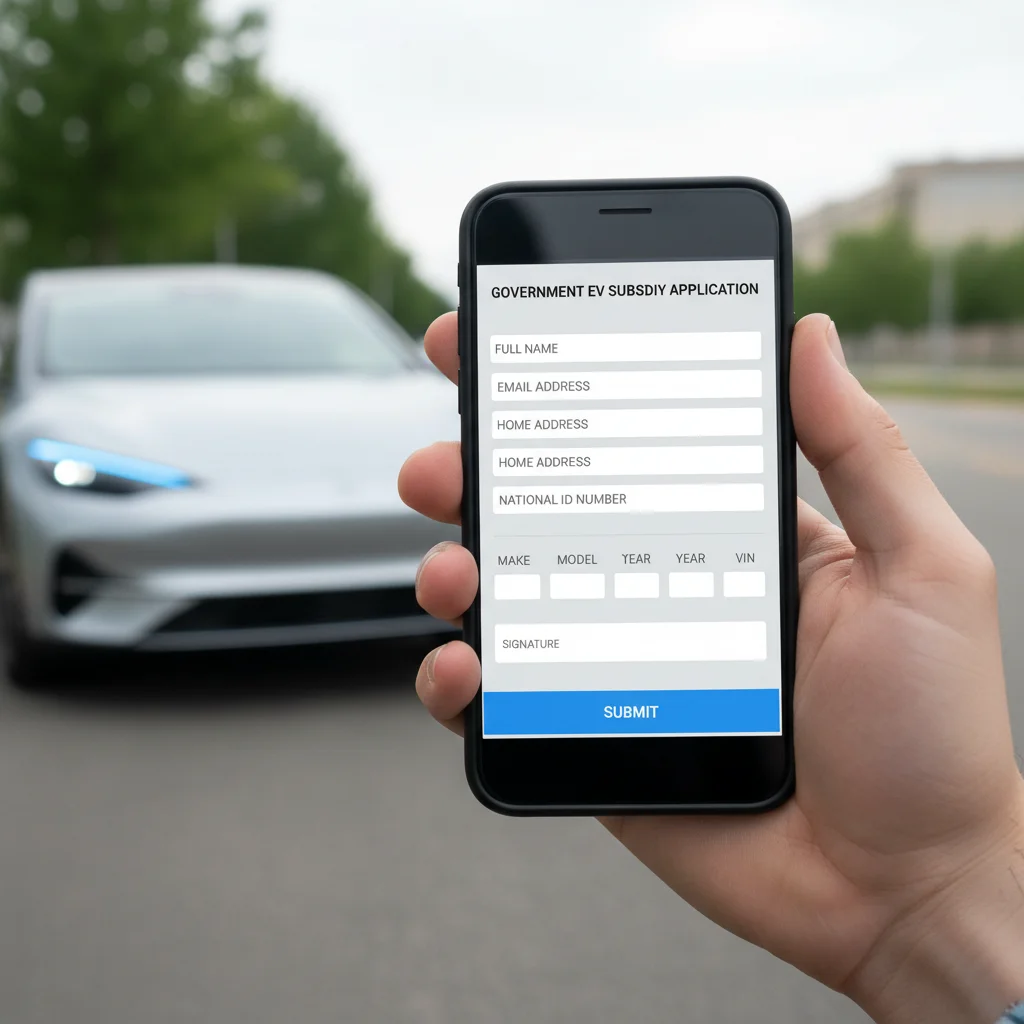 Persona completando formulario de solicitud de ayudas para vehículos eléctricos en un smartphone.