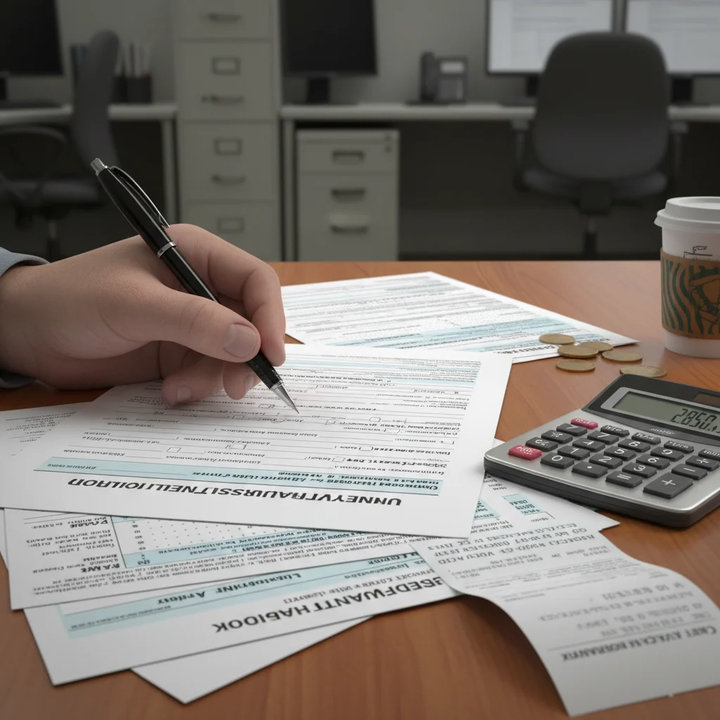 Detalle de formularios de solicitud para el subsidio de desempleo de 600 euros.