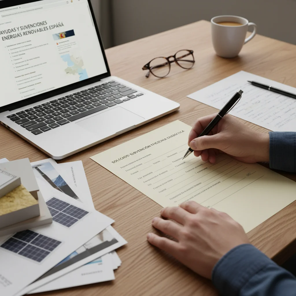 Persona completando formulario de solicitud para subvenciones de eficiencia energética en España.