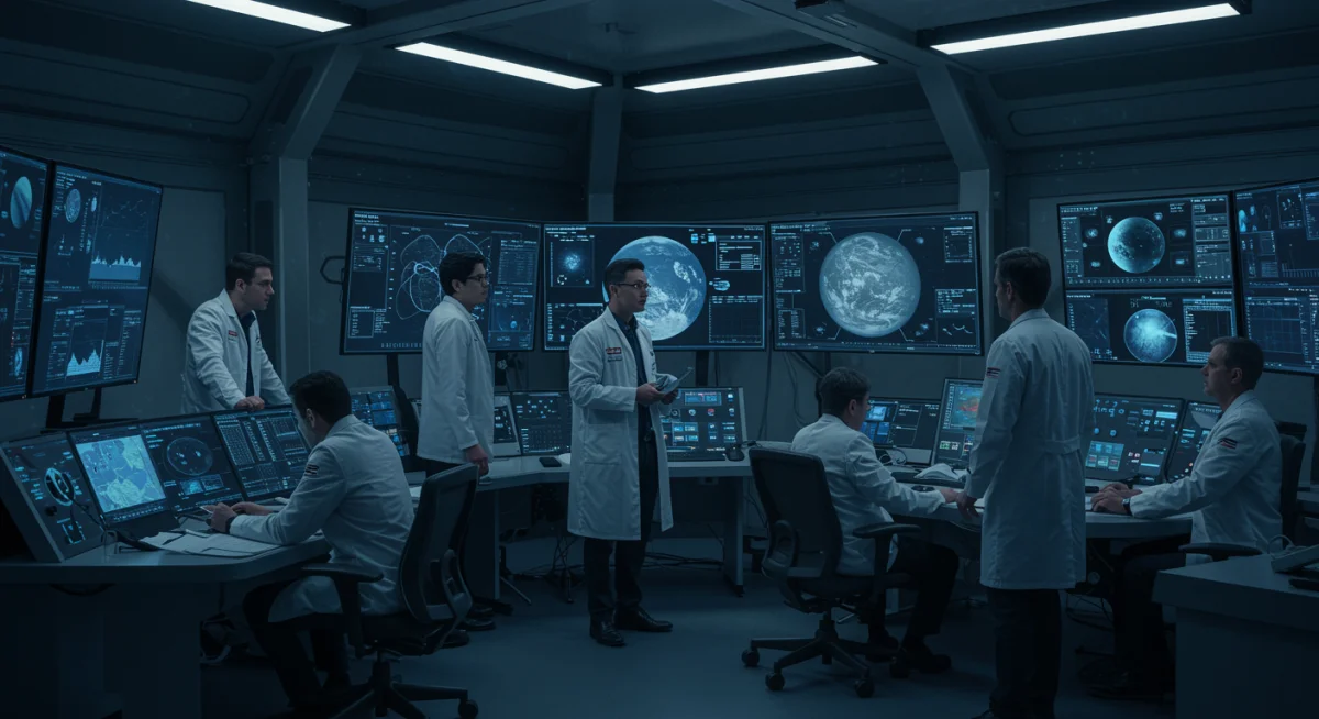 Scientists and engineers collaborating in a futuristic space control room.