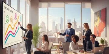 Professionals collaborating on innovative growth strategies in a modern Spanish office.