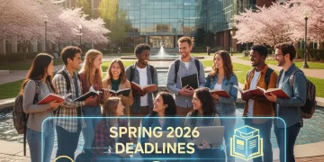 Students on campus looking at a calendar with Spring 2026 scholarship deadlines.