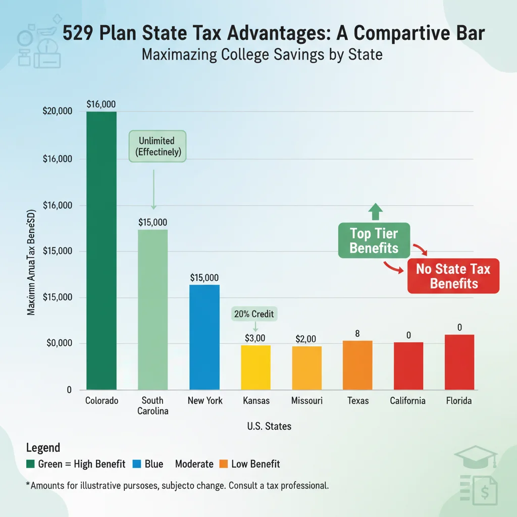 Infographic comparing state 529 plan tax deductions and credits, highlighting financial advantages.