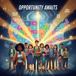 Diverse individuals benefiting from state financial aid programs in 2026.