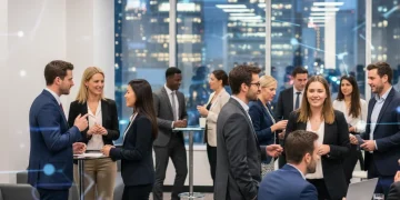 Professionals strategically networking at a conference for 2026 job market success