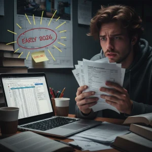 Stressed student reviewing financial aid documents for 2026 emergency funding.