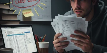 Stressed student reviewing financial aid documents for 2026 emergency funding.