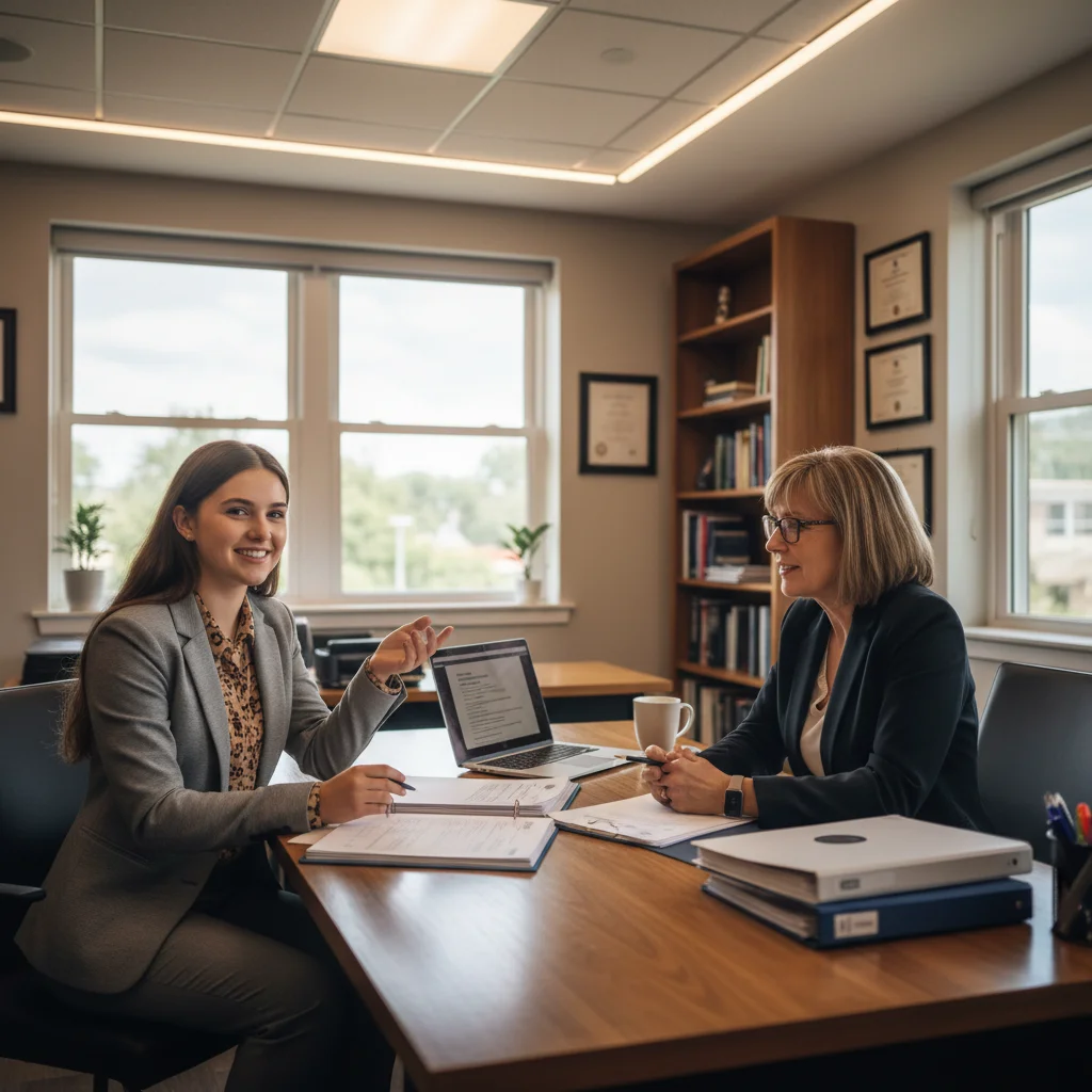 Student discussing financial aid concerns with a college financial aid officer
