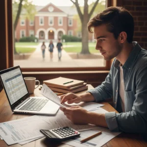 Student reviewing financial aid documents with determination