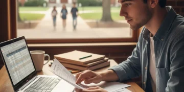 Student reviewing financial aid documents with determination