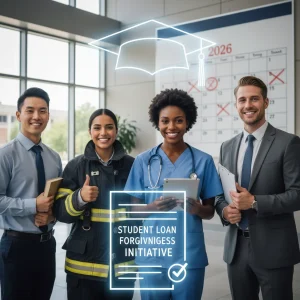 Illustration of diverse public servants celebrating student loan forgiveness in 2026