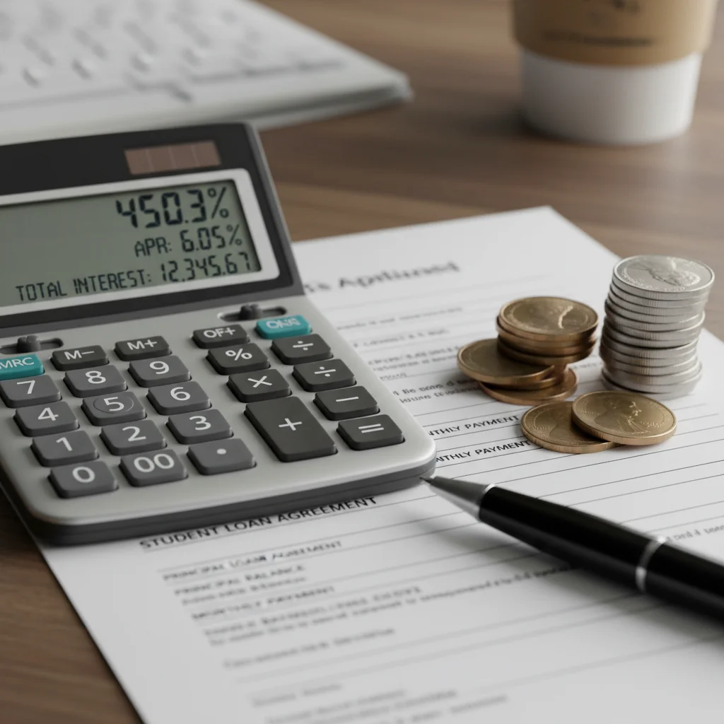Calculator showing interest rates with coins and financial documents.