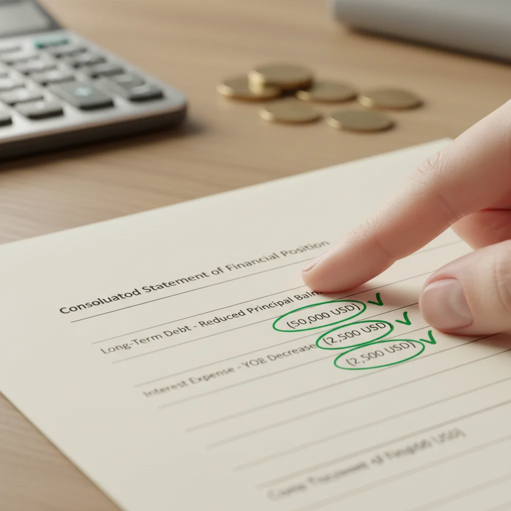 Hand pointing to student loan savings on a statement