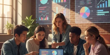 Students analyzing student loan interest rate trends on a laptop
