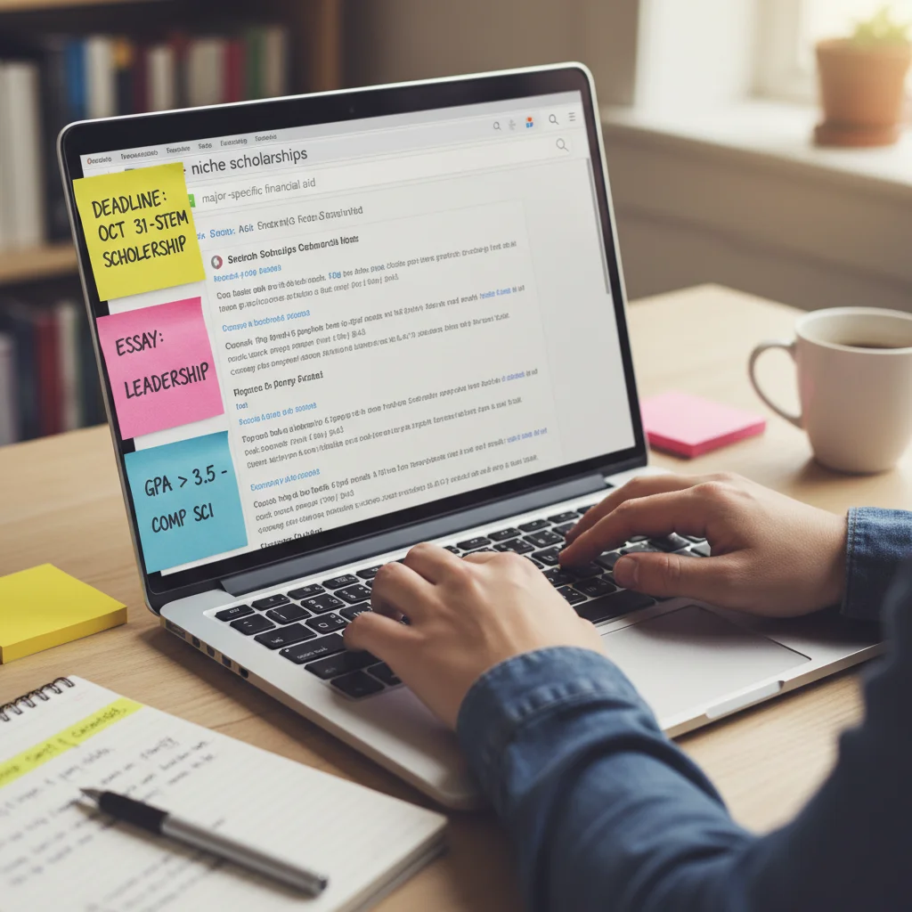 Student researching niche scholarships on a laptop with sticky notes