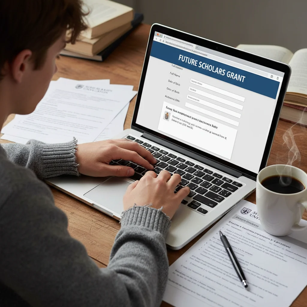 Student actively filling out online scholarship application forms on a laptop.