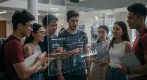 Students analyzing 2026 employment data on a holographic screen in a university setting