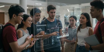 Students analyzing 2026 employment data on a holographic screen in a university setting