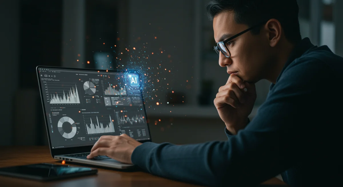 Individual studying data analytics and AI concepts on a laptop