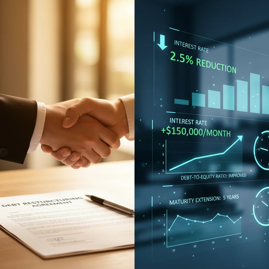 Successful debt restructuring agreement with reduced interest rates on a digital dashboard.
