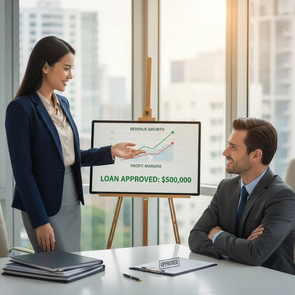 Woman business owner confidently discussing financial projections with a loan officer.