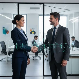 Professional individuals shaking hands, symbolizing successful networking and career opportunities in the U.S. job market.