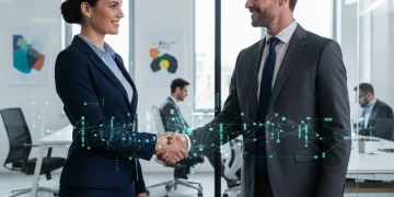 Professional individuals shaking hands, symbolizing successful networking and career opportunities in the U.S. job market.