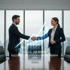 Negotiating Your Salary in 2026: Insider Knowledge to Achieve a 15% Increase in the U.S. Job Market Two professionals shaking hands over a table with digital financial projections, symbolizing a successful salary negotiation in 2026.