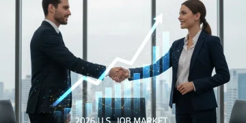 Two professionals shaking hands over a table with digital financial projections, symbolizing a successful salary negotiation in 2026.