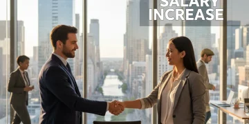 Two professionals shaking hands after a successful job offer negotiation in a modern U.S. office.