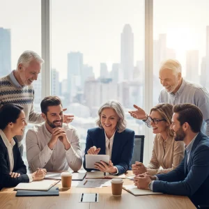 Professionals collaborating happily in a modern office, symbolizing successful workforce re-entry.