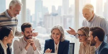Professionals collaborating happily in a modern office, symbolizing successful workforce re-entry.