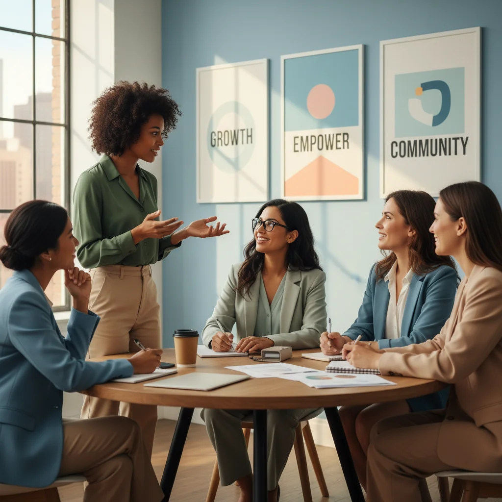 Grupo de mujeres en un taller de apoyo, compartiendo experiencias y fortaleciéndose mutuamente.