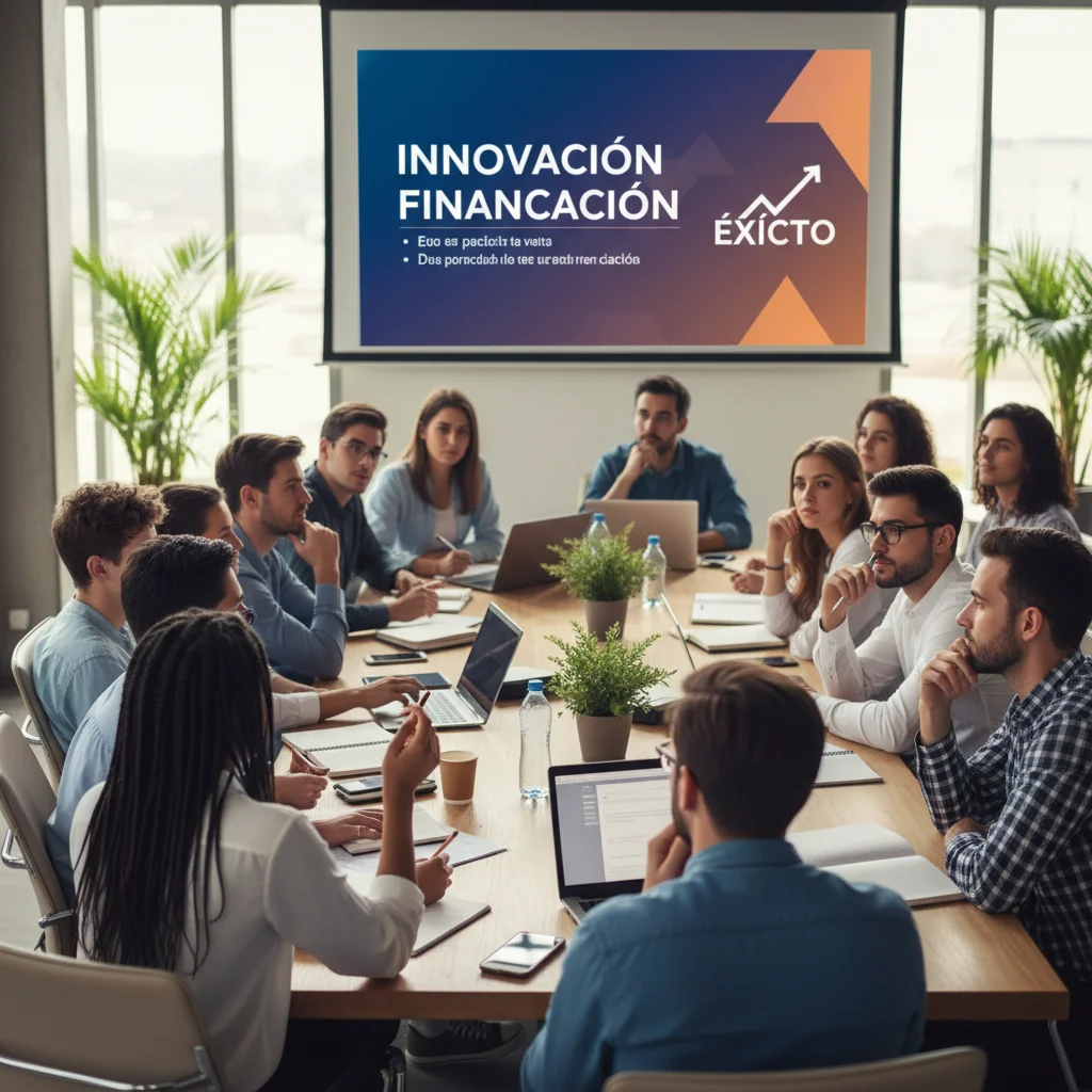 Grupo de jóvenes participando en un taller de emprendimiento, aprendiendo sobre innovación y financiación.