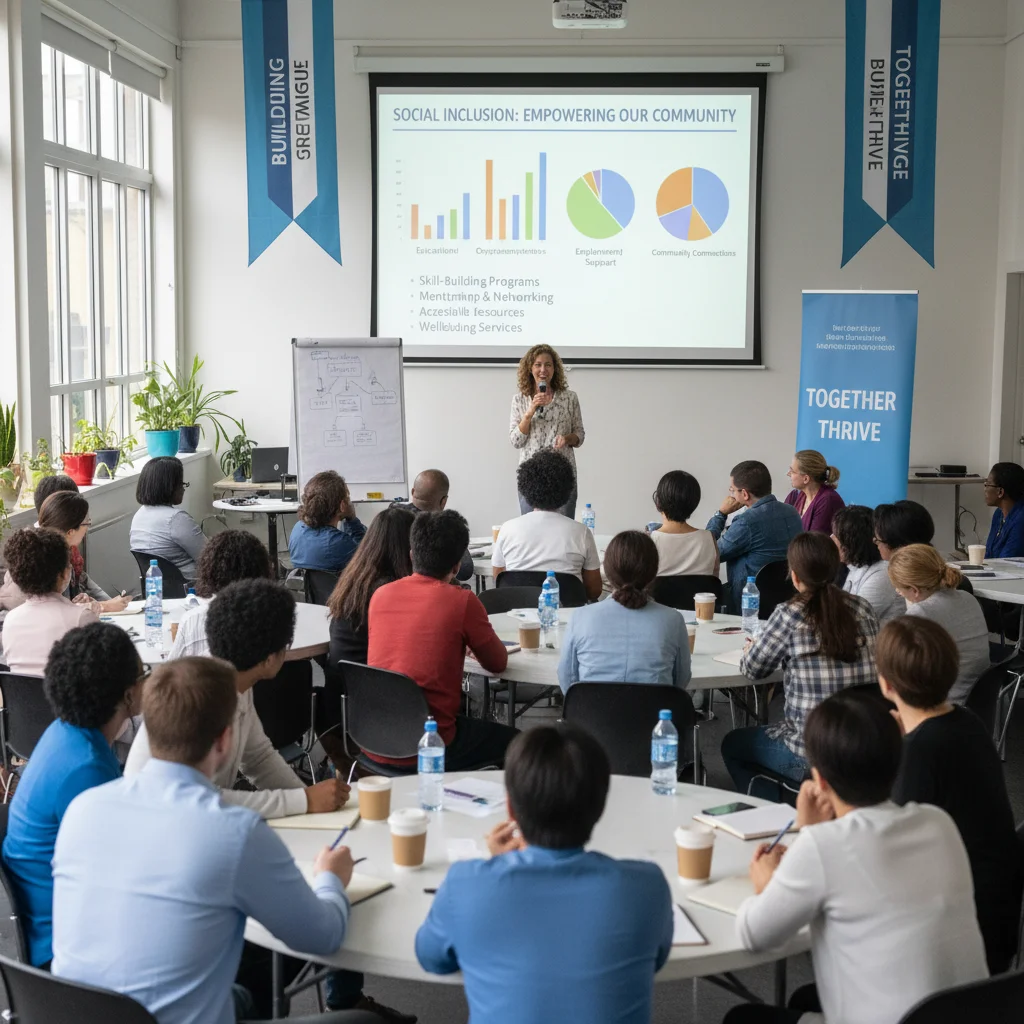 Grupo de personas participando en un taller comunitario sobre beneficios y derechos sociales.