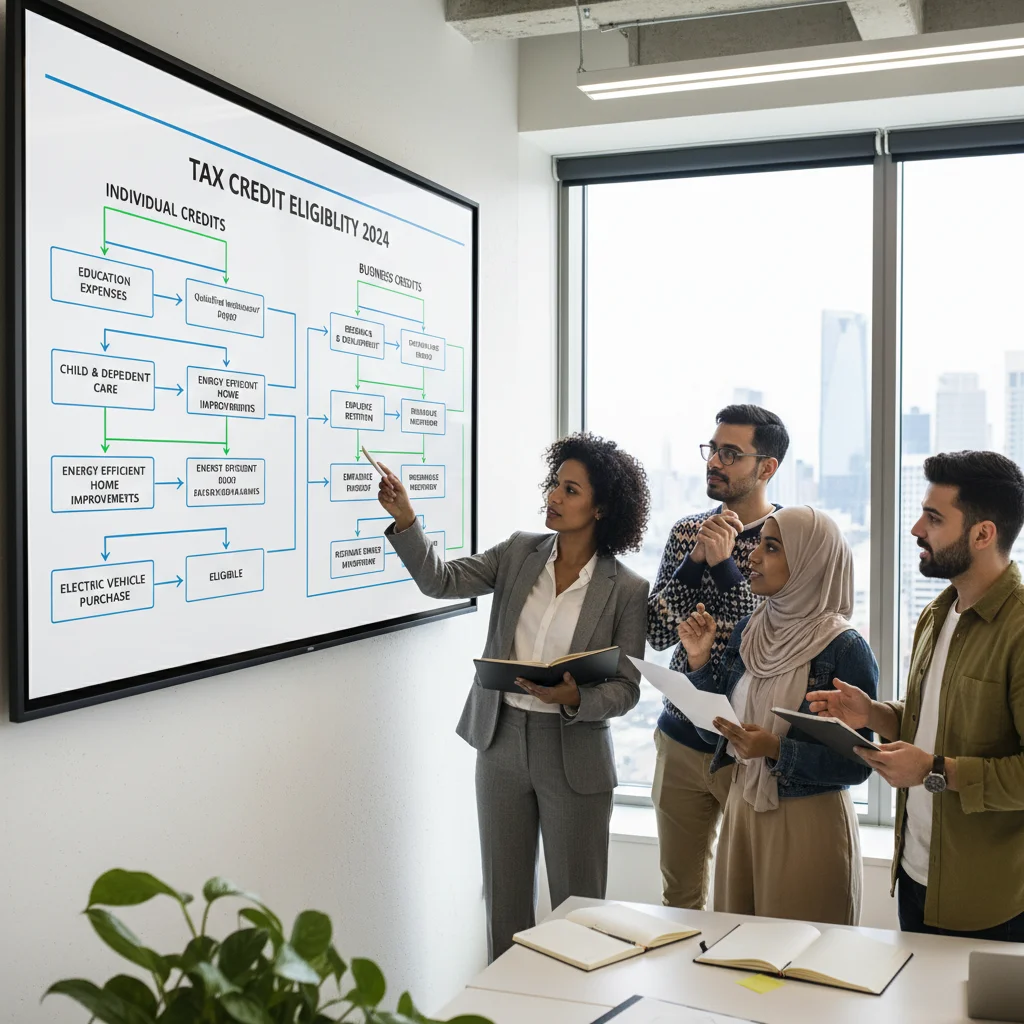 Team reviewing tax credit eligibility flowchart on a whiteboard