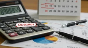 Calculator displaying tax savings for 2026, surrounded by financial documents and calendar.