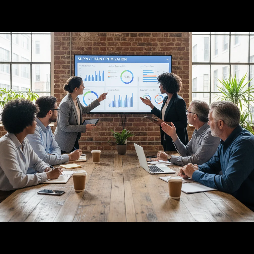 Small business team analyzing supply chain data on a dashboard