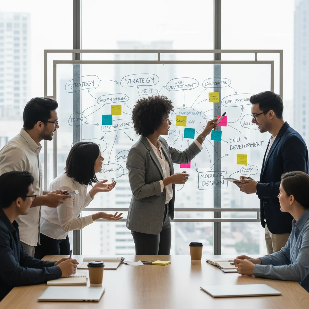 Diverse team collaborating in a brainstorming session, fostering innovation and skill development