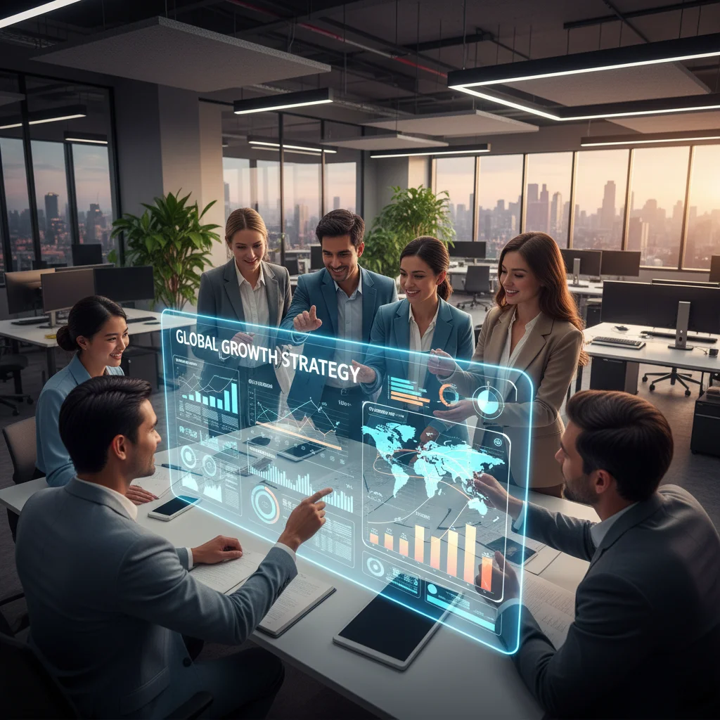 Diverse team collaborating on a digital dashboard, illustrating data-driven decision-making for business expansion.