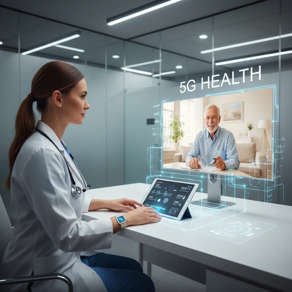 Consulta médica remota con alta definición y dispositivos IoT, demostrando telemedicina 5G en España.