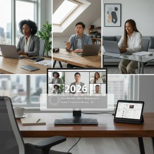 Teletrabajo 2026: 8 Requisitos Esenciales de la Nueva Ley para Empresas y Empleados Oficina en casa con empleados teletrabajando conectados virtualmente en 2026.