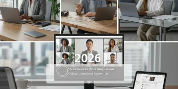 Oficina en casa con empleados teletrabajando conectados virtualmente en 2026.