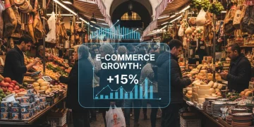 Mercado español vibrante con compradores usando móviles, simbolizando el auge del comercio electrónico en 2026.
