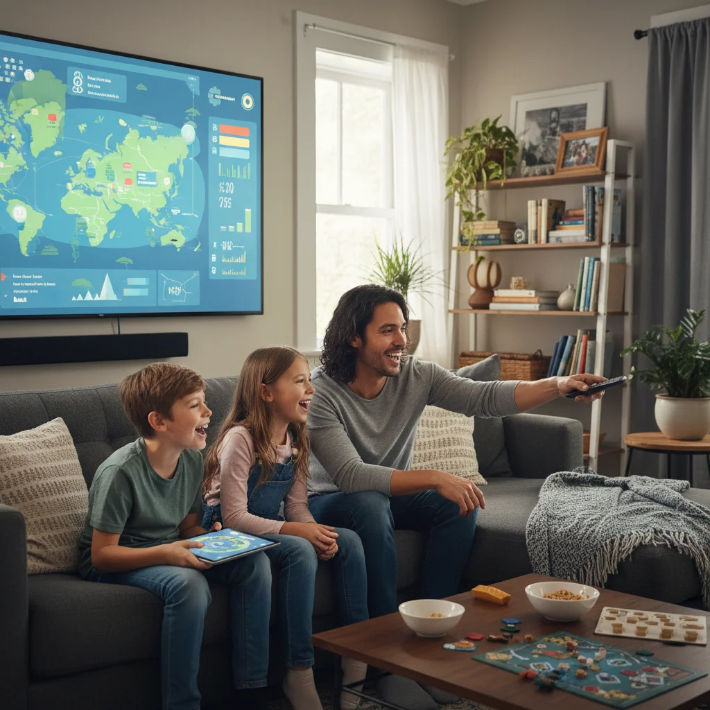Familia compartiendo tiempo de pantalla de forma interactiva y consciente, dialogando sobre el contenido.