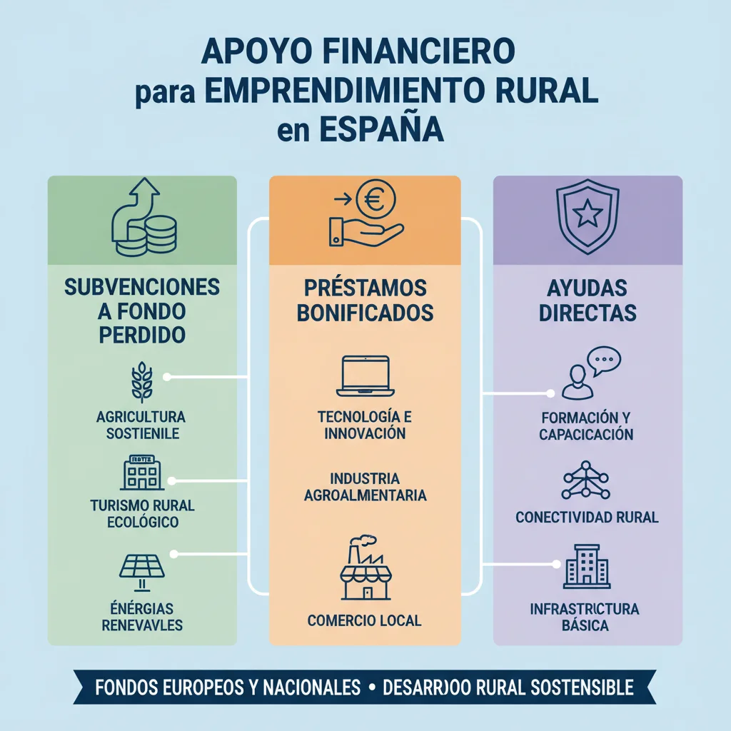 Infografía detallada sobre los tipos de ayudas financieras para el desarrollo de negocios rurales en España, con íconos representativos.