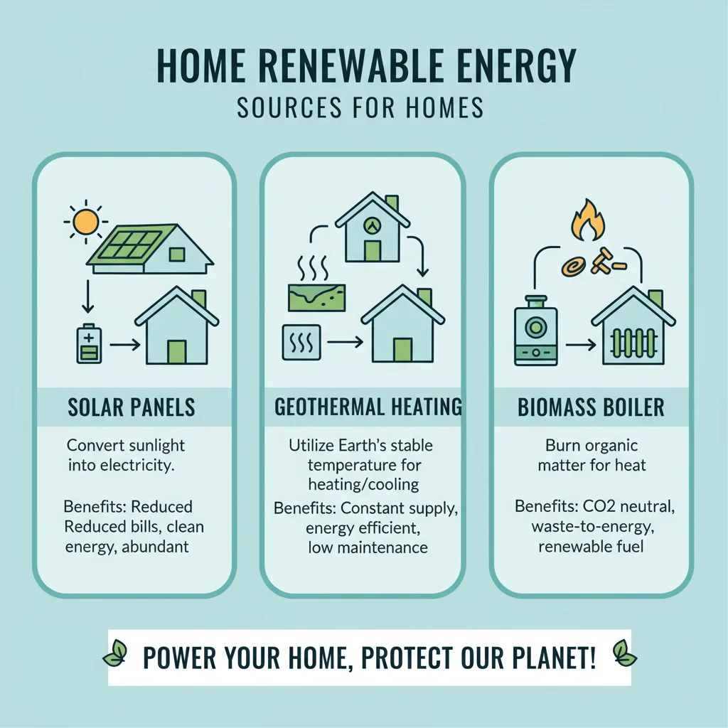 Infografía explicando tipos de energías renovables para el hogar y sus beneficios.