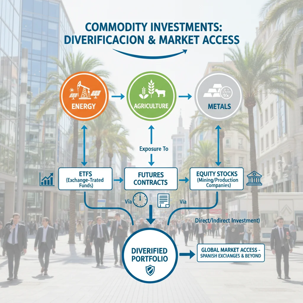 Infografía de tipos de inversión en materias primas: energía, agricultura, metales, con opciones como ETFs y futuros.
