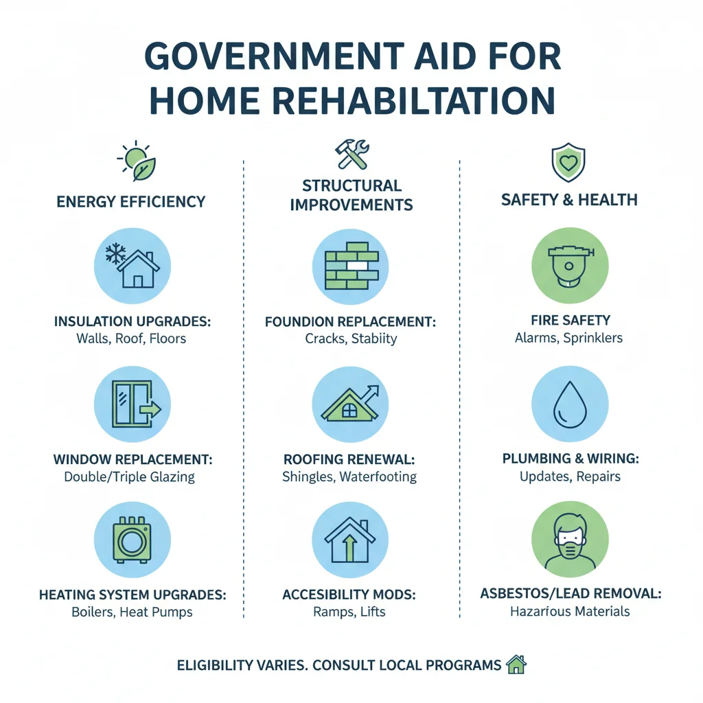 Infografía detallando los tipos de obras de rehabilitación subvencionables: aislamiento, ventanas, sistemas de calefacción.